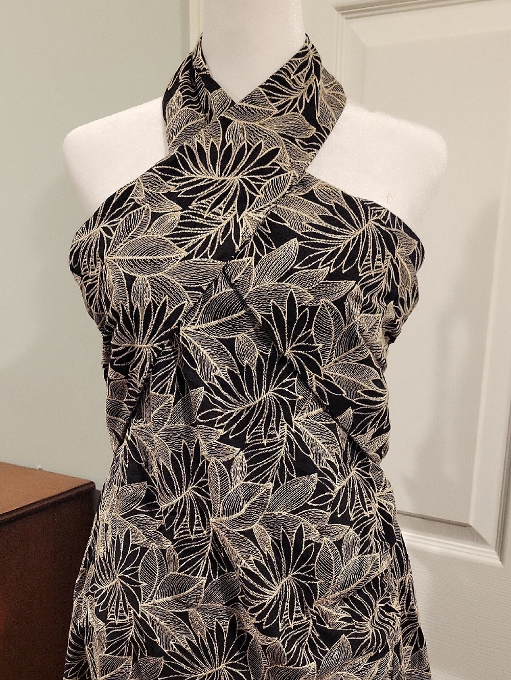 Zara Black and Cream Halter Dress with Leaf Embroidery